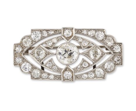 An Art Deco diamond rectangular panel brooch, with central millegrain-set old-brilliant-cut diamond weighing approximately 1.