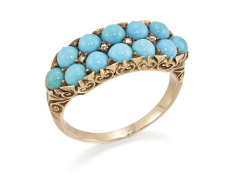 A Victorian turquoise and diamond ring, two rows of round cabochon turquoise with rose-cut diamonds at the interstices, to a 
