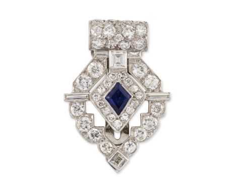 A diamond and synthetic sapphire clip brooch, of palmette shaped cluster design the centre with synthetic sapphire and circul