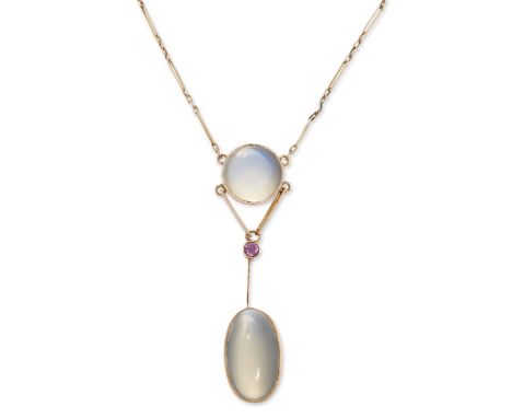 AMENDMENT PLEASE NOTE THAT THE CHAIN HAS SNAPPED AND WOULD NEED A MINOR REPAIRAn early 20th century moonstone and ruby pendan