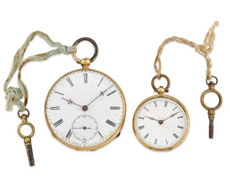 Two 19th century Swiss open face pocket watches One smaller sized with a cylinder movement and enamel and engraved case with 