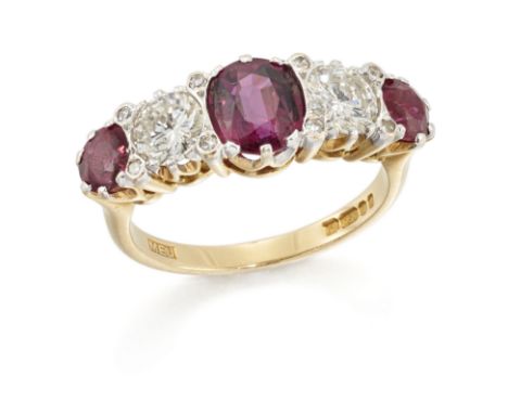 An 18ct gold ruby and diamond five stone ring, a central oval mixed cut lead glass filled ruby, with a brilliant-cut diamond 