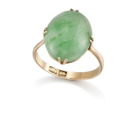 A single stone jadeite jade ring, the oval jade cabochon approximately 16.8 x 12.3mm, claw set to plain hoop, stamped YS 14, 