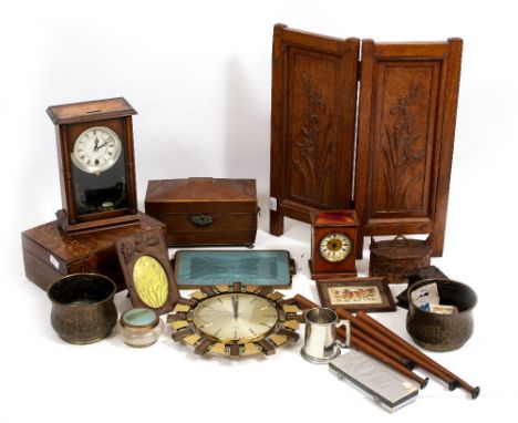 A 19TH CENTURY MAHOGANY TEA CADDY (lacking interior), an old inlaid box, two mantle clocks, an inkwell in the form of a Swiss
