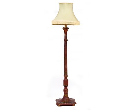 A RED LACQUERED STANDARD LAMP with chinoiserie decoration, 190cm high including the shade x 39cm wide at the base Condition: 