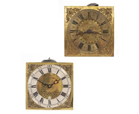 AN 18TH CENTURY BRASS LONGCASE CLOCK DIAL AND MOVEMENT the dial signed John Belling Bodmyn 1726, 28cm square; a further brass