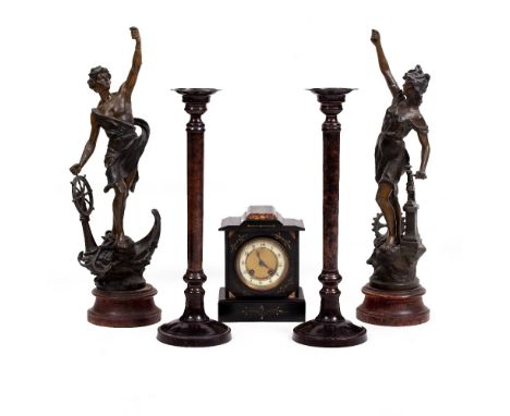A PAIR OF LATE 19TH CENTURY SPELTER FIGURES each 62cm in height and a pair of contemporary bronzed metal candlesticks, 50cm h