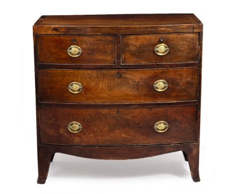 A 19TH CENTURY MAHOGANY BOW FRONTED CHEST OF TWO SHORT AND TWO LONG DRAWERS with brass handles, on bracket feet, 89cm wide x 