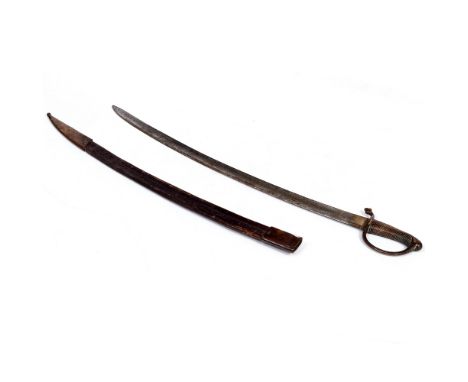 AN EARLY 19TH CENTURY SWORD AND SCABBARD with a brass grip, the curved blade marked 1826b, the blade 69cm in length, 81cm in 