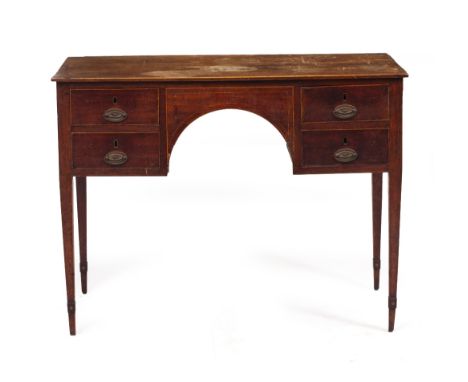 A 19TH CENTURY MAHOGANY KNEEHOLE DRESSING TABLE with four drawers and standing on square tapering legs, 102.5cm wide x 52.5cm