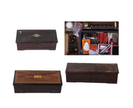 A GROUP OF FIVE SWISS MUSICAL BOX CASES of various sizes, some with workings within together with various parts to include sp