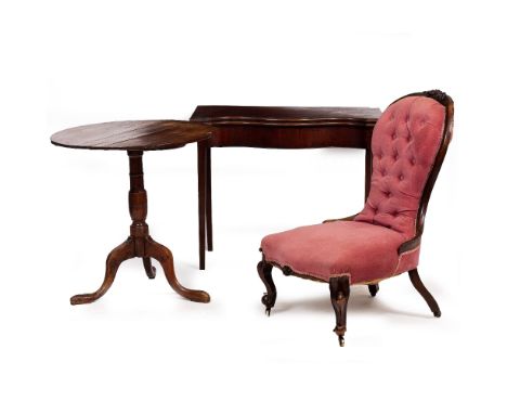 A 19TH CENTURY MAHOGANY SERPENTINE FRONTED FOLD OVER TEA TABLE on square tapering legs, 91cm wide x 45cm deep x 73cm high tog
