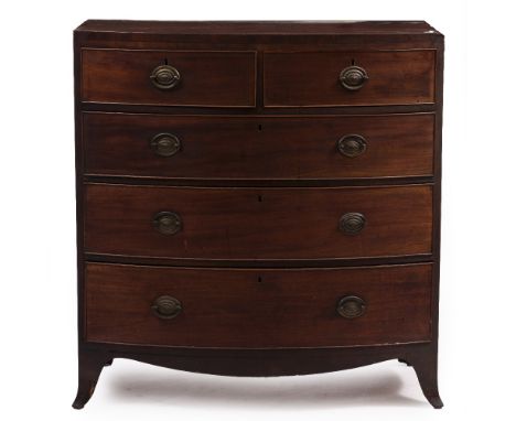 A GEORGE III BOW FRONTED CHEST OF TWO SHORT AND THREE LONG DRAWERS standing on outswept bracket feet, 102cm wide x 52cm deep 