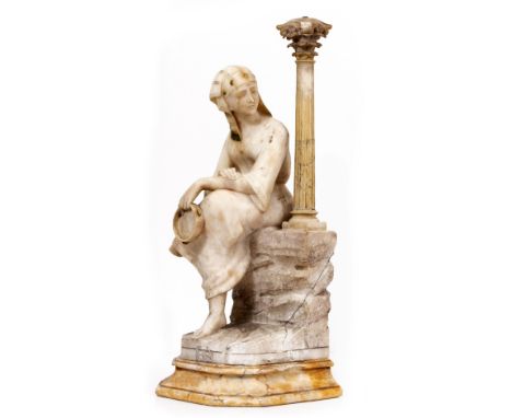 A 19TH CENTURY ALABASTER FIGURE OF A SEATED LADY with a Corinthian column lamp, 22cm wide x 22cm deep x 58cm high Condition: 