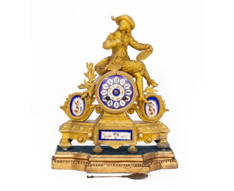 A 19TH CENTURY FRENCH GILT METAL MANTLE CLOCK with hand painted porcelain plaques, porcelain dial with Roman numerals, overal