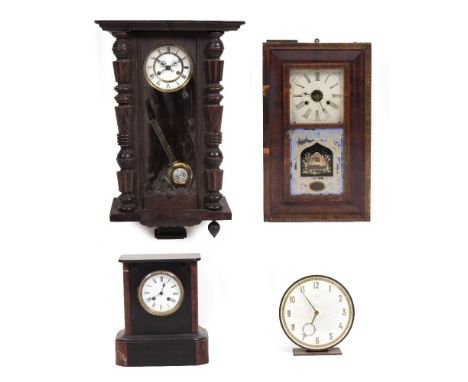 A FRENCH SLATE MANTLE CLOCK the movement striking the hours and half hours on a bell, 24.5cm wide x 27.5cm high together with