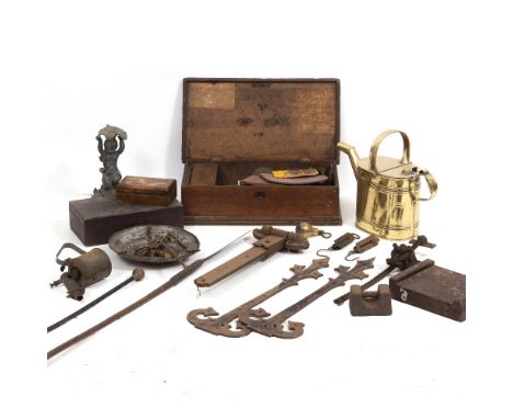 A MIXED GROUP OF ITEMS to include a brass watering can, a cast Spelter oil lamp base, an oak box containing shoe mending equi