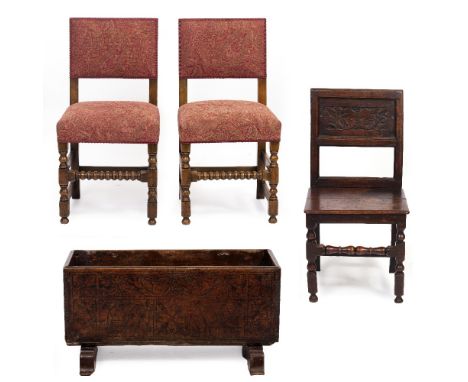 AN 18TH CENTURY CARVED OAK AND PANELLED SIDE CHAIR 47cm wide x 37cm deep x 94cm high together with two 18th century style oak
