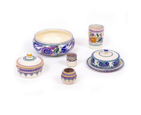 A POOLE POTTERY PLATE AND COVER designed by Myrtle Bond with 'Mark No. 20' impressed beneath together with two other Poole Po