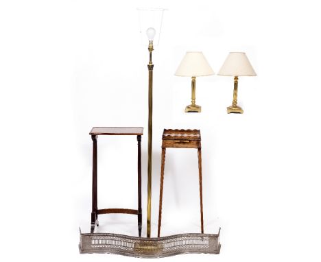 A BRASS STANDARD LAMP of column form, two brass table lamps, a single table from a nest of tables, a Georgian urn table with 