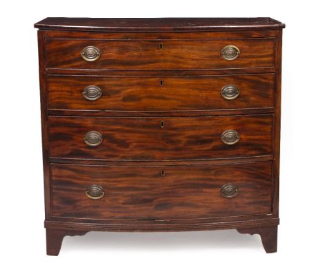 A 19TH CENTURY BOW FRONTED MAHOGANY CHEST OF FOUR LONG GRADUATED DRAWERS standing on bracket feet, 104cm wide x 55cm deep x 1