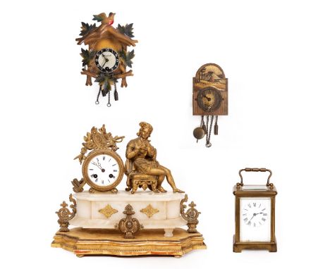 A LATE 19TH CENTURY FRENCH ALABASTER AND GILT METAL MANTLE CLOCK the enamel dial with Roman numerals, overall 36cm wide x 29c