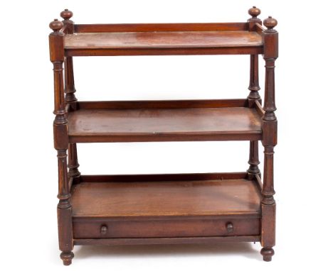 A VICTORIAN MAHOGANY THREE TIER BUFFET with turned finials, turned and fluted supports, single drawer to the base, 90cm wide 