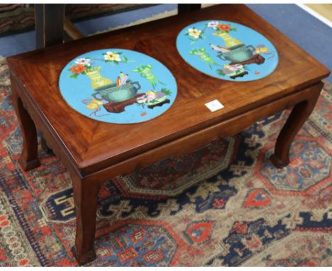 A Chinese table with two inset enamel plaques, W.82cm