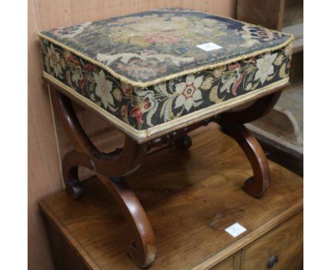 A Victorian X frame tapestry top stool, W.41cm