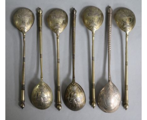 A set of six early 20th century Russian 84 zolotnik silver gilt tea spoons and one other Russian spoon, 4.8 oz.