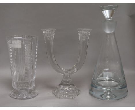 A cut glass vase, a decanter and a candelabra