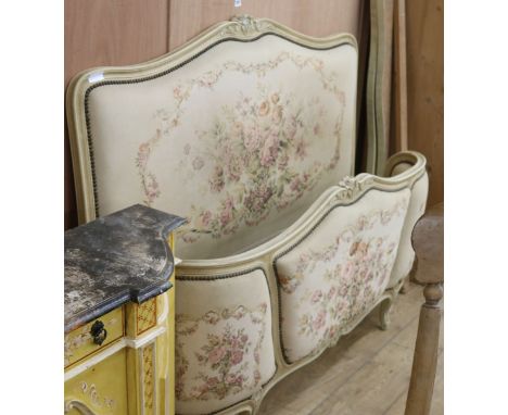 A Louis XV style cream painted and Aubusson tapestry upholstered double bed head, W.150cm