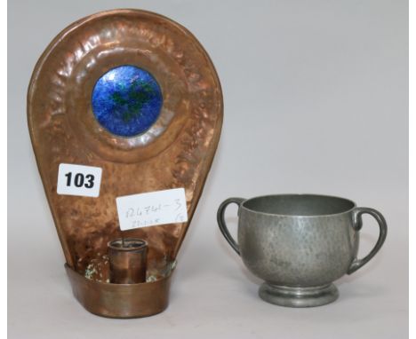 An Arts & Crafts copper and enamel wall sconce and a Tudric pewter jug, sconce height 21cm
