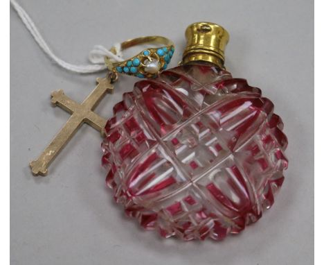 A 19th century yellow metal mounted ruby overlaid glass scent bottle, a yellow metal turquoise and seed pearl ring and a yell