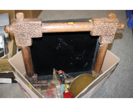 AN INDIAN WOODEN WINDOW FRAME, INDIAN PUPPET, EASTERN BAG ETC. 