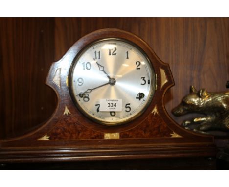 AN INLAID MAHOGANY AND WALNUT ANVIL MANTEL CLOCK  