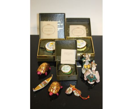 THREE BOXED CRUMMELS ENAMEL PILL BOXES, together with a selection of miniature Limoges trinkets etc. (9)
