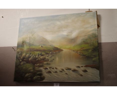 AN UNFRAMED OIL ON CANVAS OF RIVER FISHERMEN SIGNED JOHN R MARSHALL