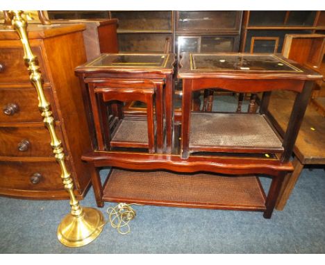 A QUANTITY OF GLASS TOPPED TABLES PLUS A TABLE LAMP AND A STANDARD LAMP