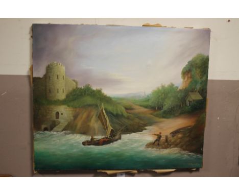 AN UNFRAMED OIL ON CANVAS OF BOAT MOORING SCENE SIGNED J R MARSHALL