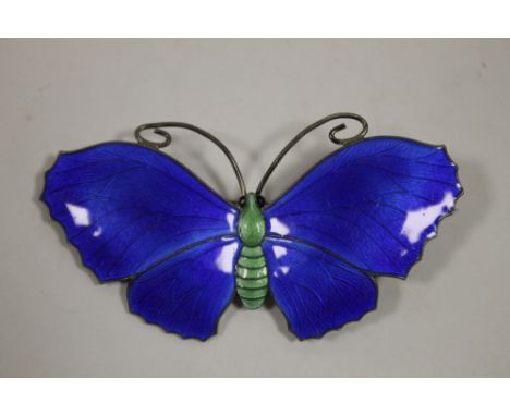 A LARGE SILVER AND ENAMEL BUTTERFLY SHAPED BROOCH STAMPED STERLING  