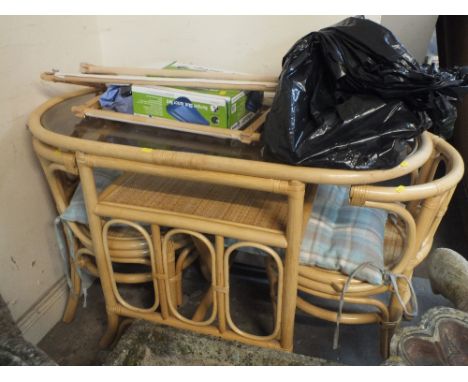 A CANE GLASS TOPPED TABLE AND TWO CHAIRS WITH TAPESTRY STAND, POOL ETC