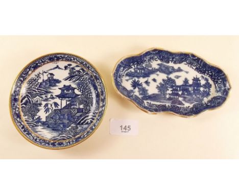 An 18th century Caughley spoon dish with S mark to base and a similar saucer decorated Chinese landscape unmarked, chip to ed