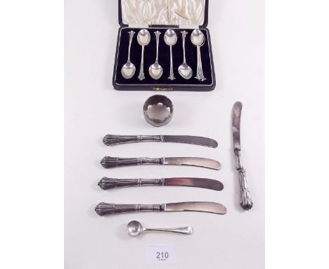 A silver napkin ring, a set of six silver teaspoons cased, five silver handled knives and a mustard spoon (3.5ozs weighable)