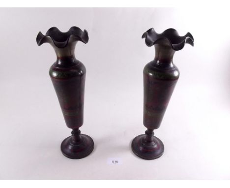 A pair of Indian brass and enamel vases - 31cm 