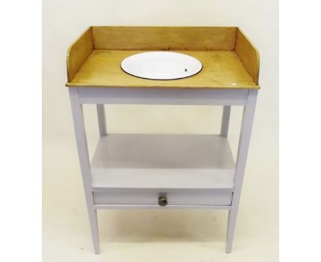 A painted and pine washstand with enamel bowl and drawer under - w.61cm