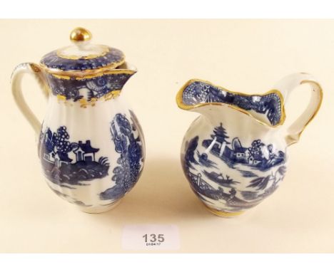 Two 18th century Caughley jugs printed Two Men on a Bridge, S marks to base - the sparrow beak jug with hairline crack to spo