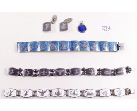 Three Siamese sterling silver and enamel bracelets and a pair of cufflinks 