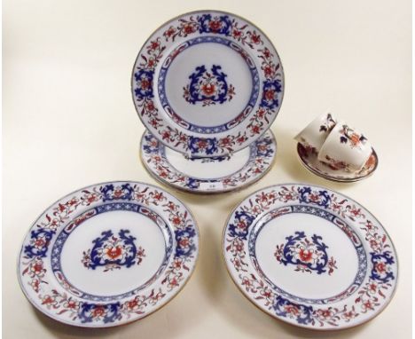 Five Victorian Mintons plates and two Masons cups and saucers 