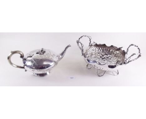 A Victorian silver plated teapot with fruit finial and a silver plated fruit bowl 